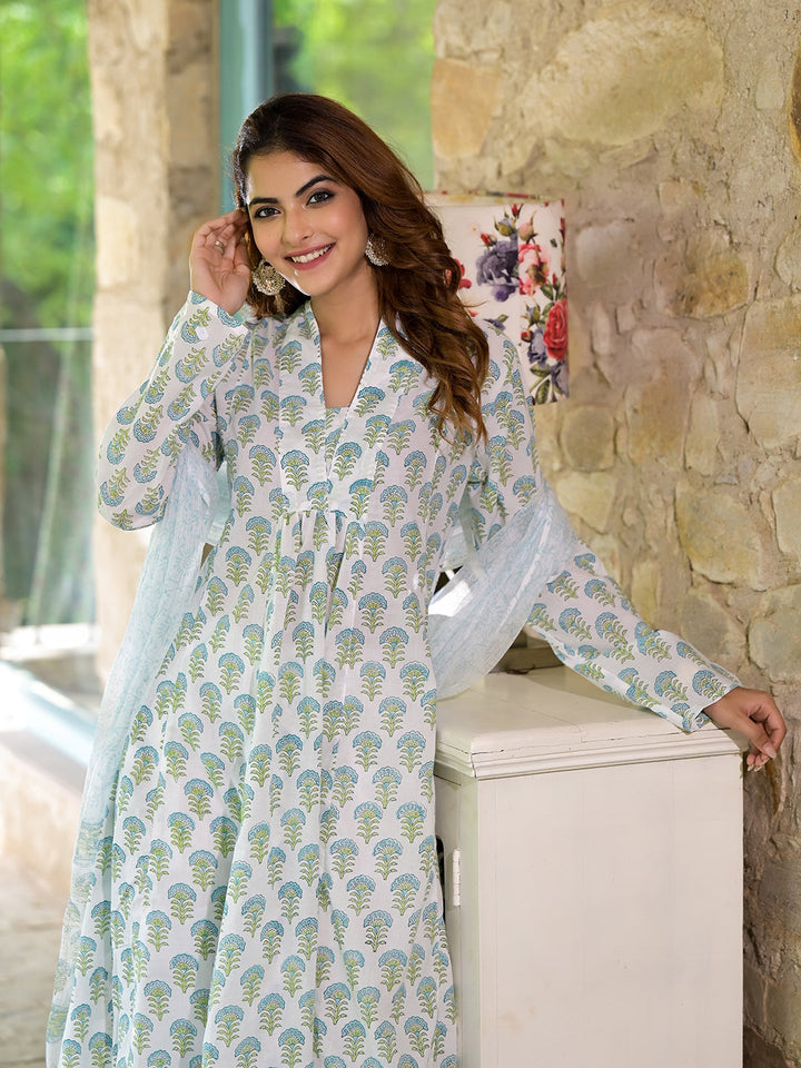 White-&-Green-Cotton-Handblock-Print-3-Piece-Kurta-Set