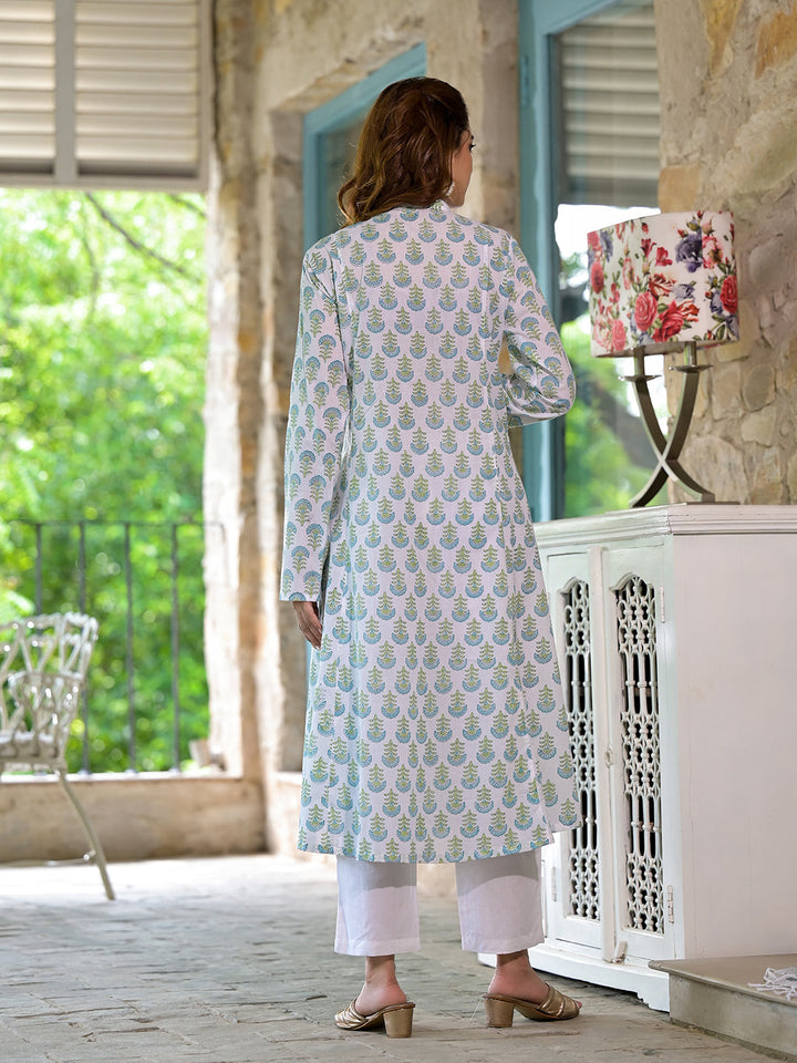 White-&-Green-Cotton-Handblock-Print-3-Piece-Kurta-Set
