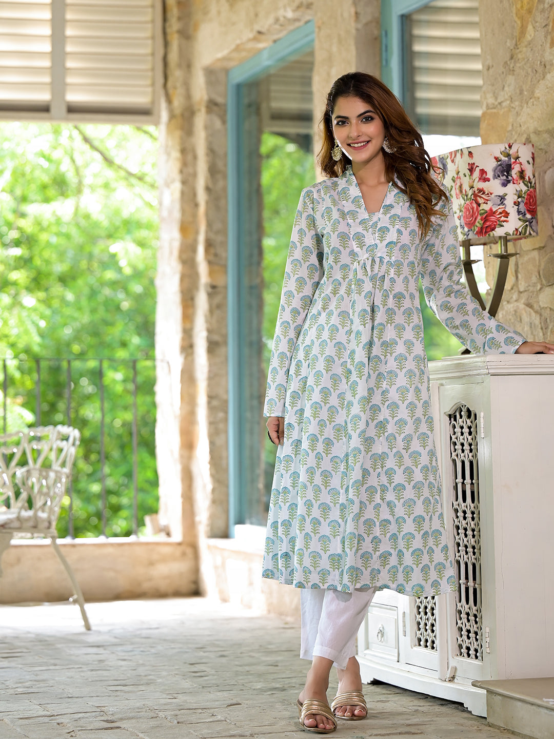 White-&-Green-Cotton-Handblock-Print-3-Piece-Kurta-Set