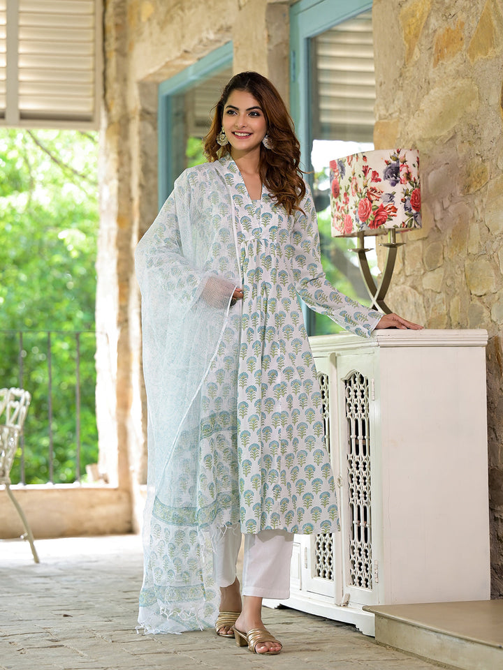 White-&-Green-Cotton-Handblock-Print-3-Piece-Kurta-Set