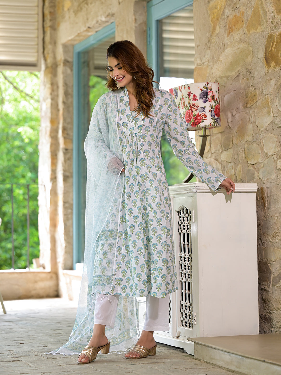 White-&-Green-Cotton-Handblock-Print-3-Piece-Kurta-Set