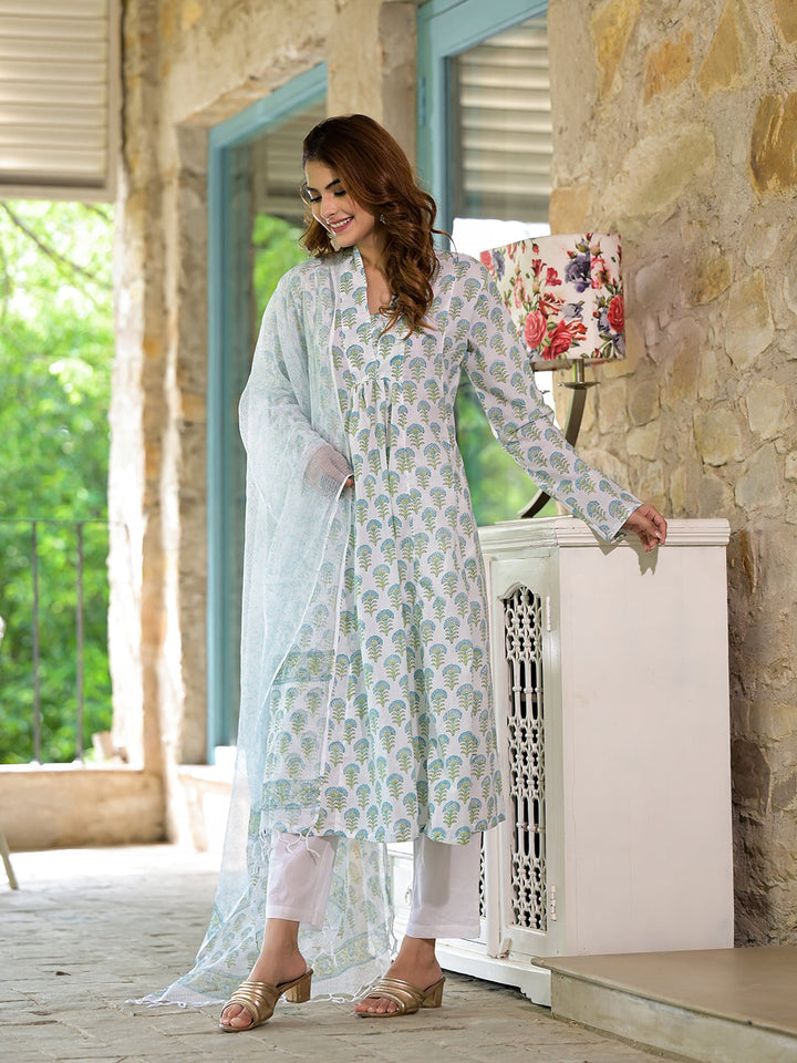 White-&-Green-Cotton-Handblock-Print-3-Piece-Kurta-Set