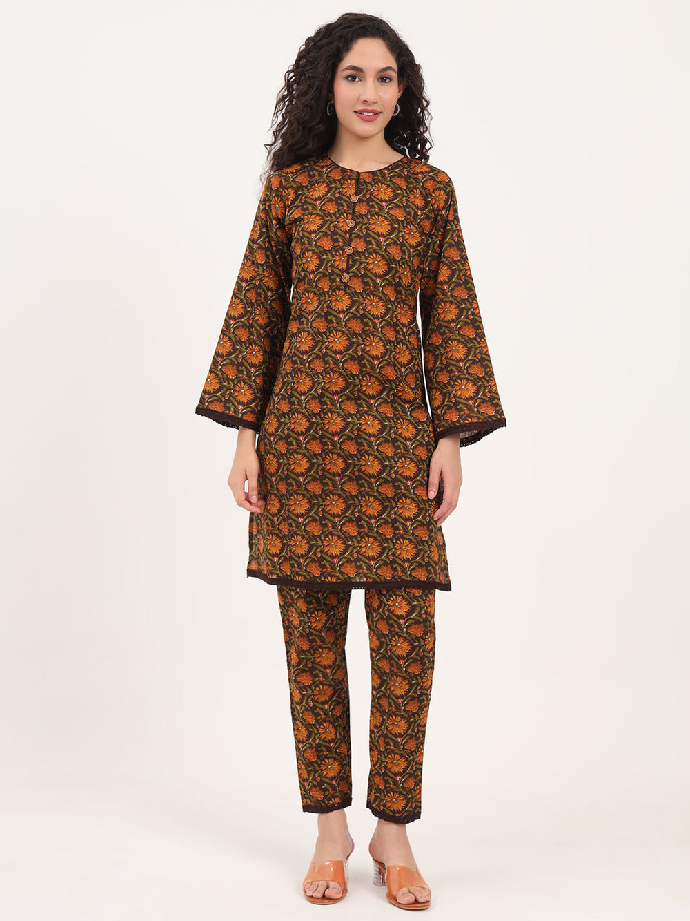 Brown-Cotton-Floral-Print-2-Piece-Kurta-Set
