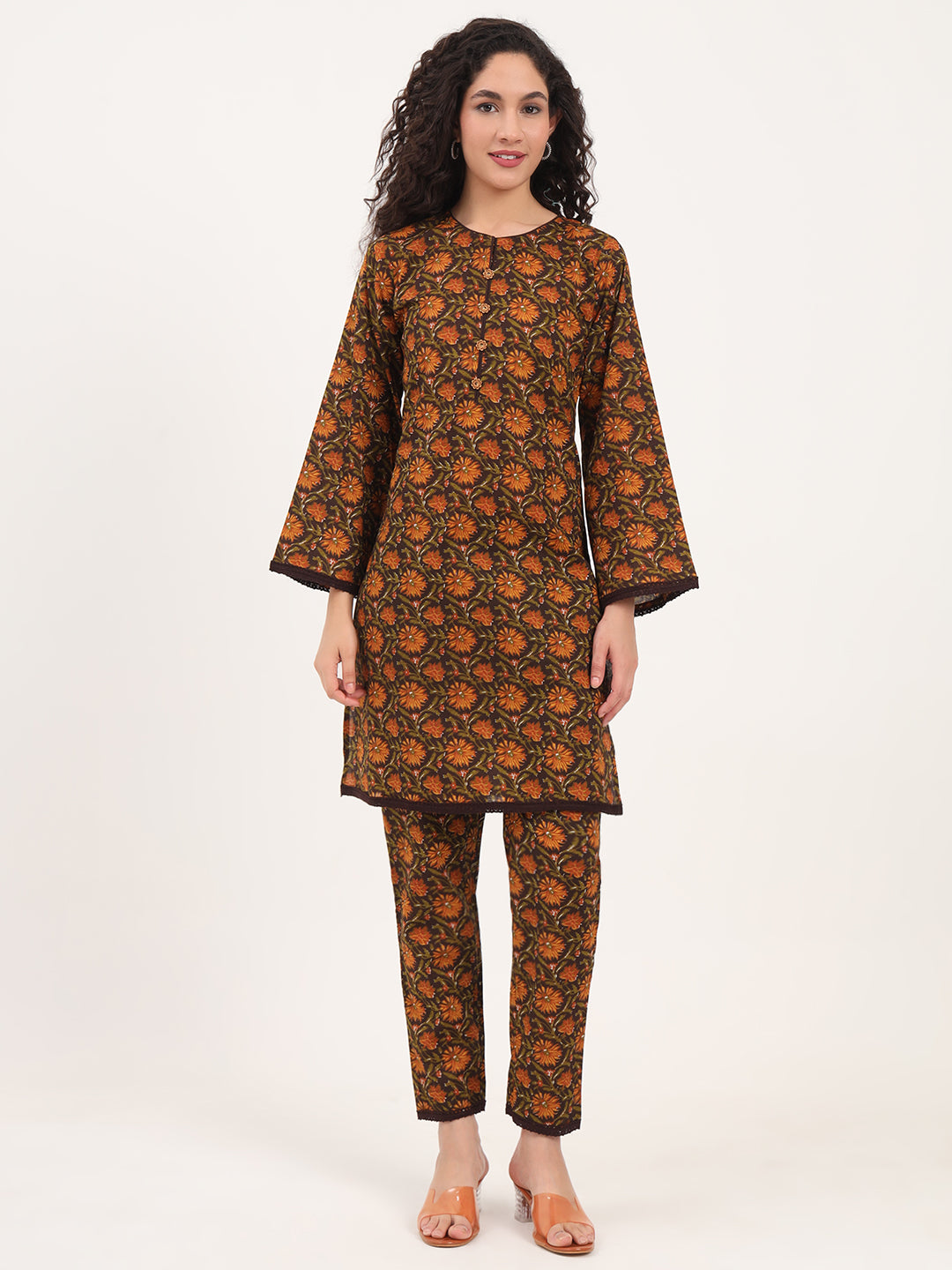 Brown-Cotton-Floral-Print-2-Piece-Kurta-Set