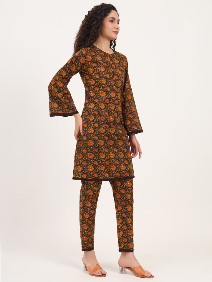 Brown-Cotton-Floral-Print-2-Piece-Kurta-Set