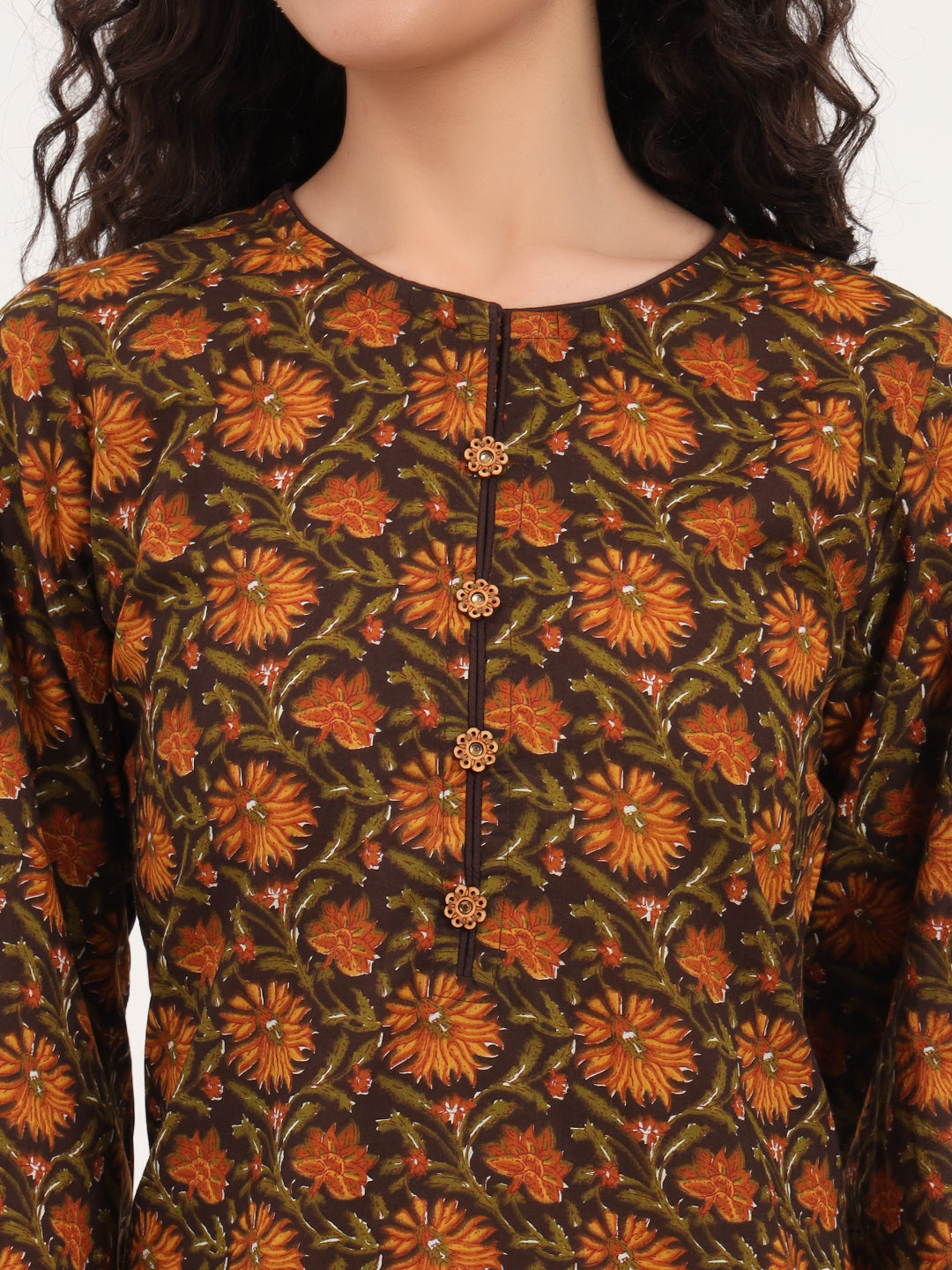 Brown-Cotton-Floral-Print-2-Piece-Kurta-Set