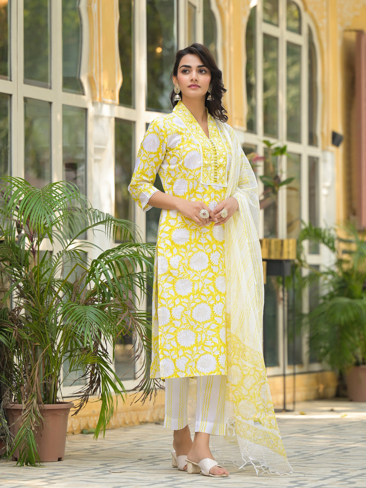 Yellow-Cotton-Hand-Block-Print-Straight-3-Piece-Kurta-Set