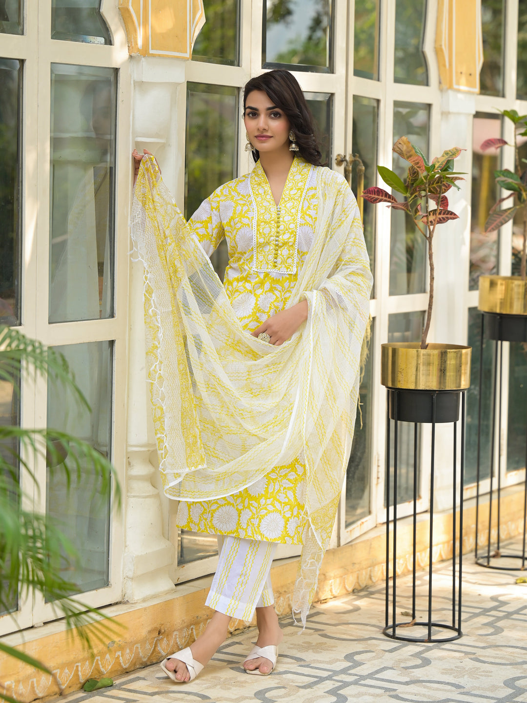 Yellow-Cotton-Hand-Block-Print-Straight-3-Piece-Kurta-Set