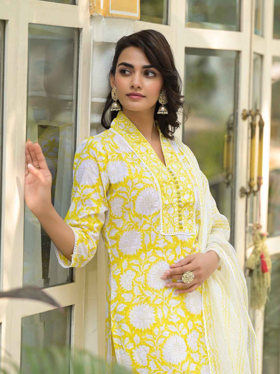 Yellow-Cotton-Hand-Block-Print-Straight-3-Piece-Kurta-Set