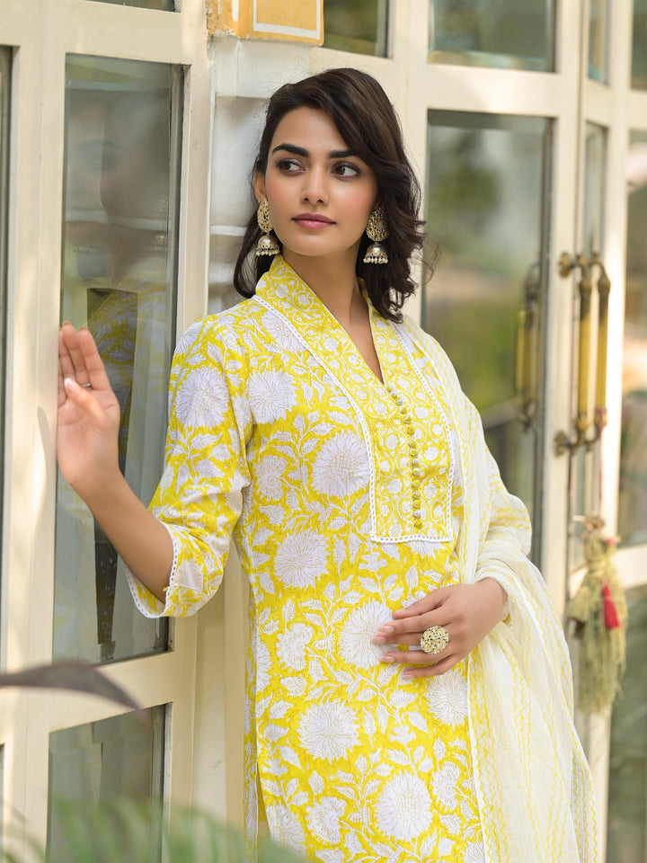 Yellow-Cotton-Hand-Block-Print-Straight-3-Piece-Kurta-Set