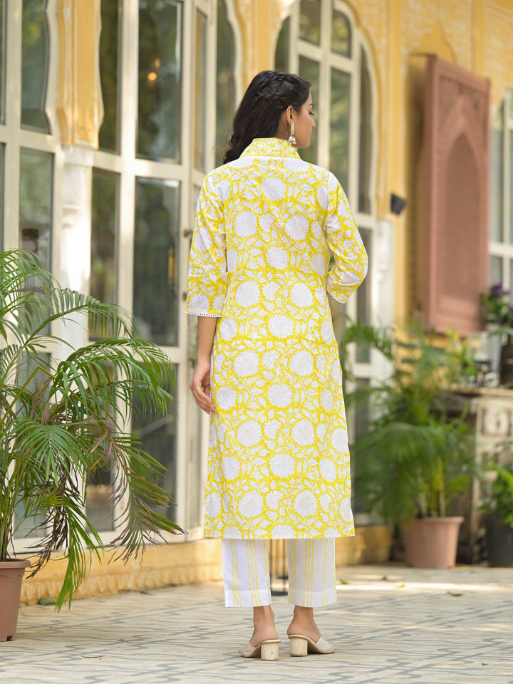 Yellow-Cotton-Hand-Block-Print-Straight-3-Piece-Kurta-Set