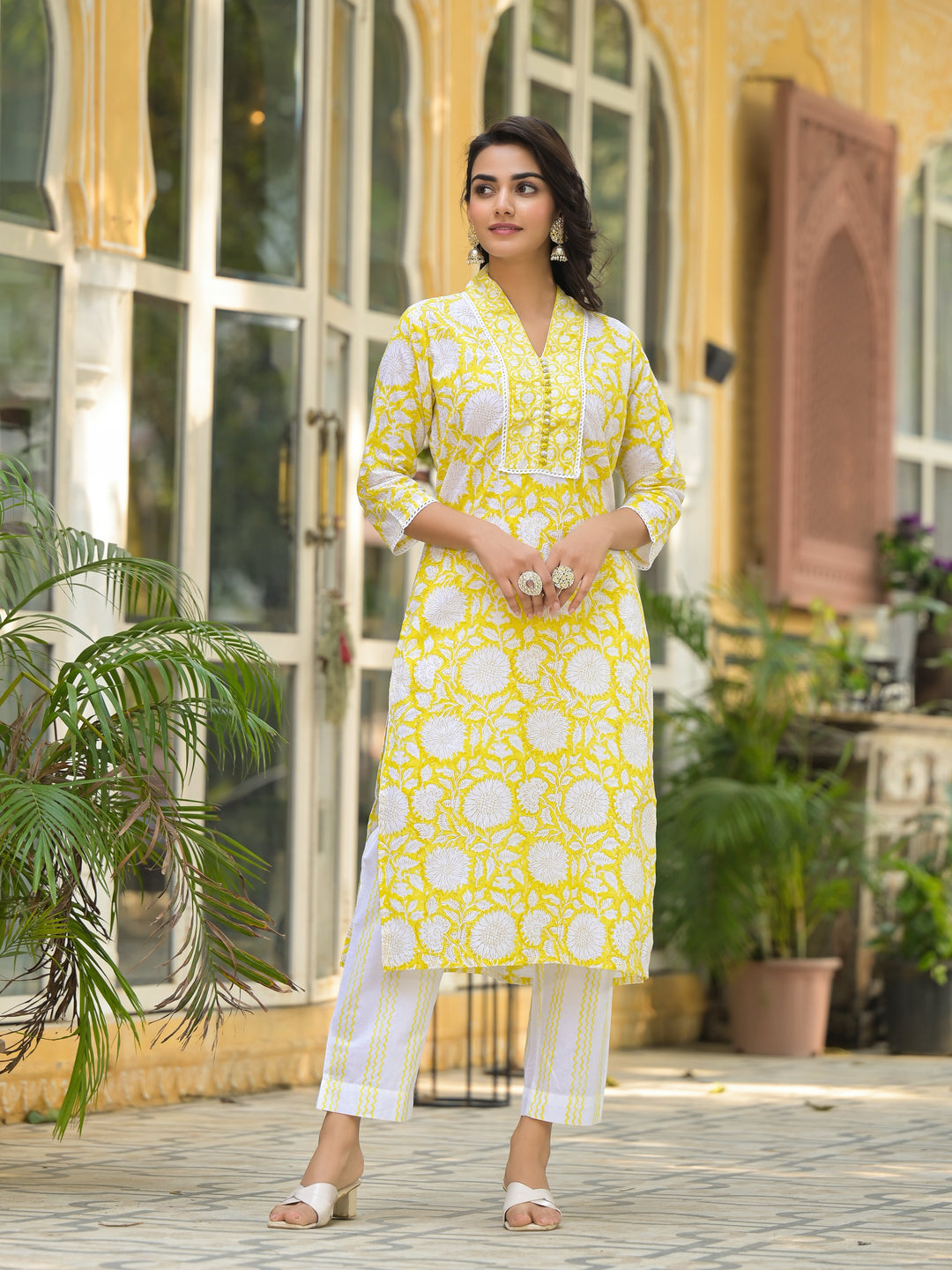 Yellow-Cotton-Hand-Block-Print-Straight-3-Piece-Kurta-Set
