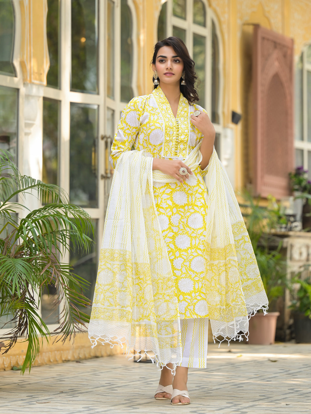 Yellow-Cotton-Hand-Block-Print-Straight-3-Piece-Kurta-Set