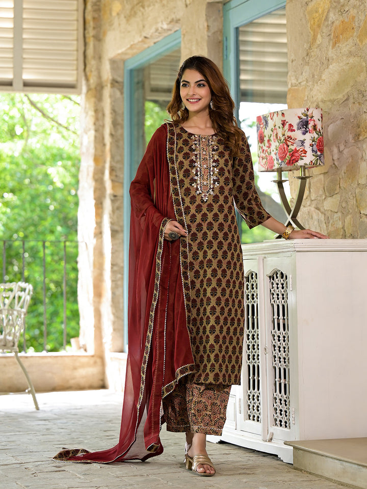 Brown-Cotton-Zardozi-Work-3-Piece-Kurta-Set