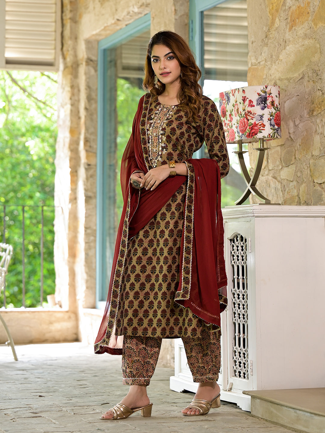 Brown-Cotton-Zardozi-Work-3-Piece-Kurta-Set