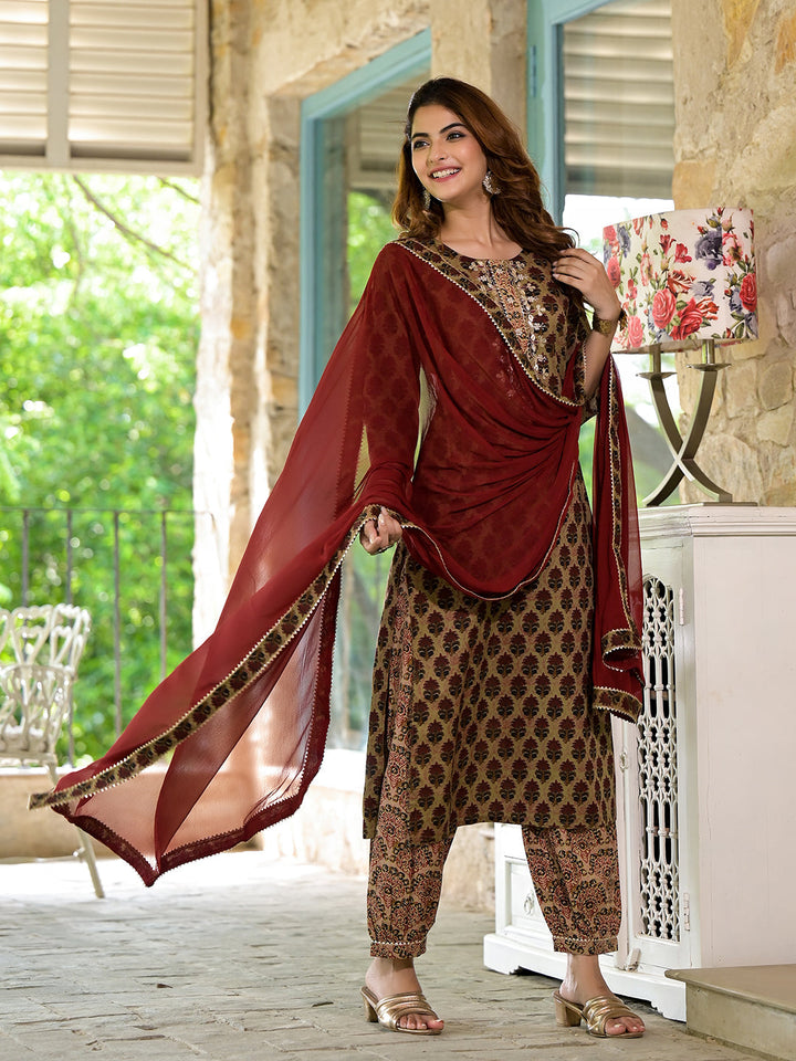Brown-Cotton-Zardozi-Work-3-Piece-Kurta-Set