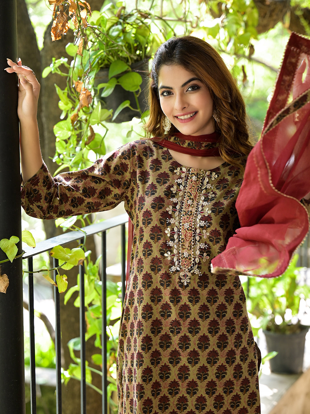 Brown-Cotton-Zardozi-Work-3-Piece-Kurta-Set