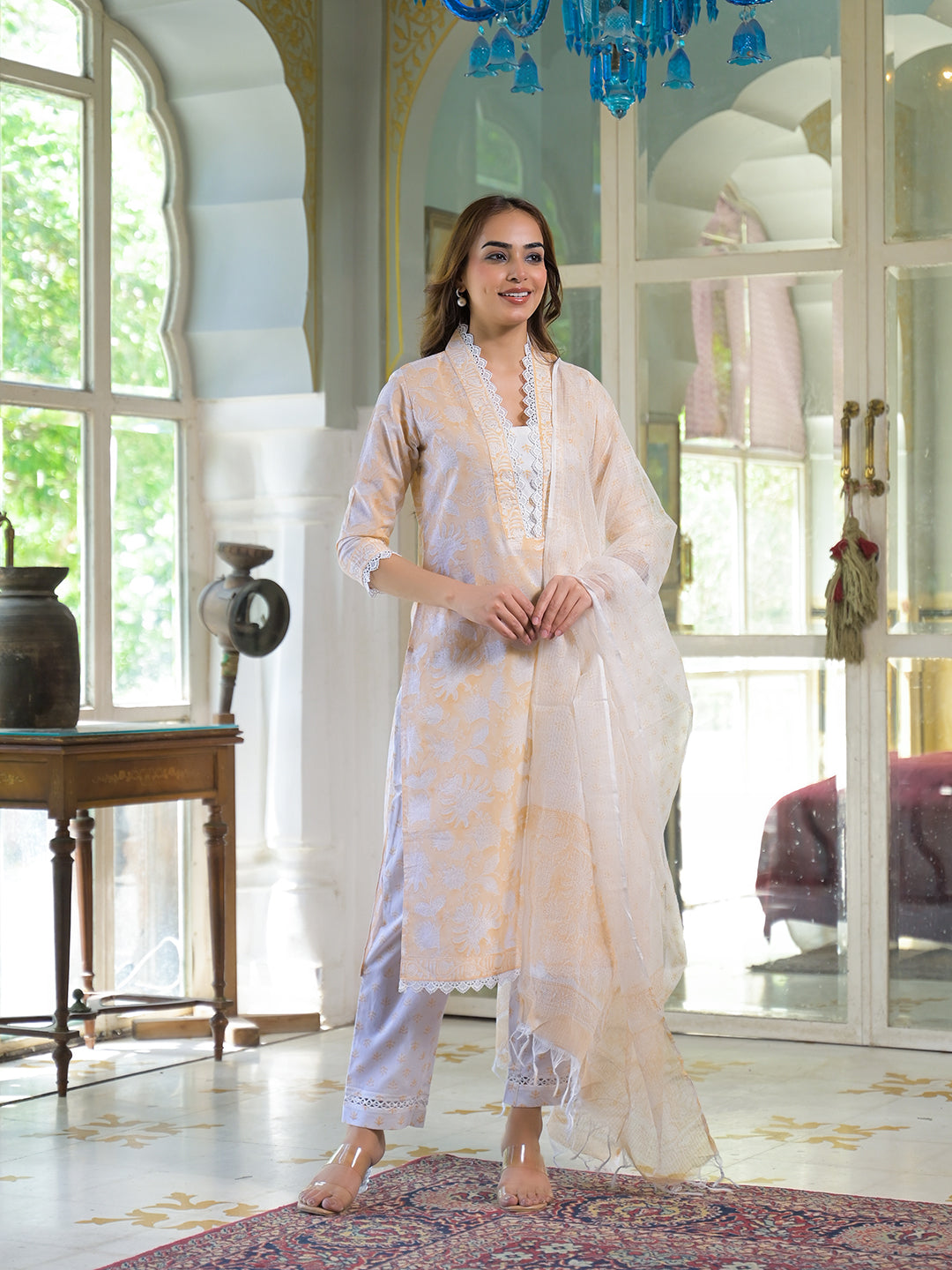Peach-Cotton-Block-Print-3-Piece-Kurta-Set