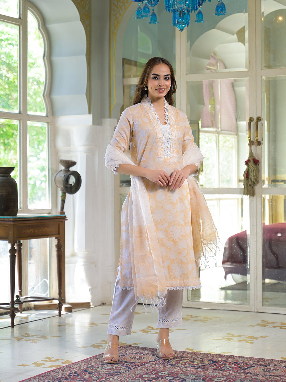 Peach-Cotton-Block-Print-3-Piece-Kurta-Set