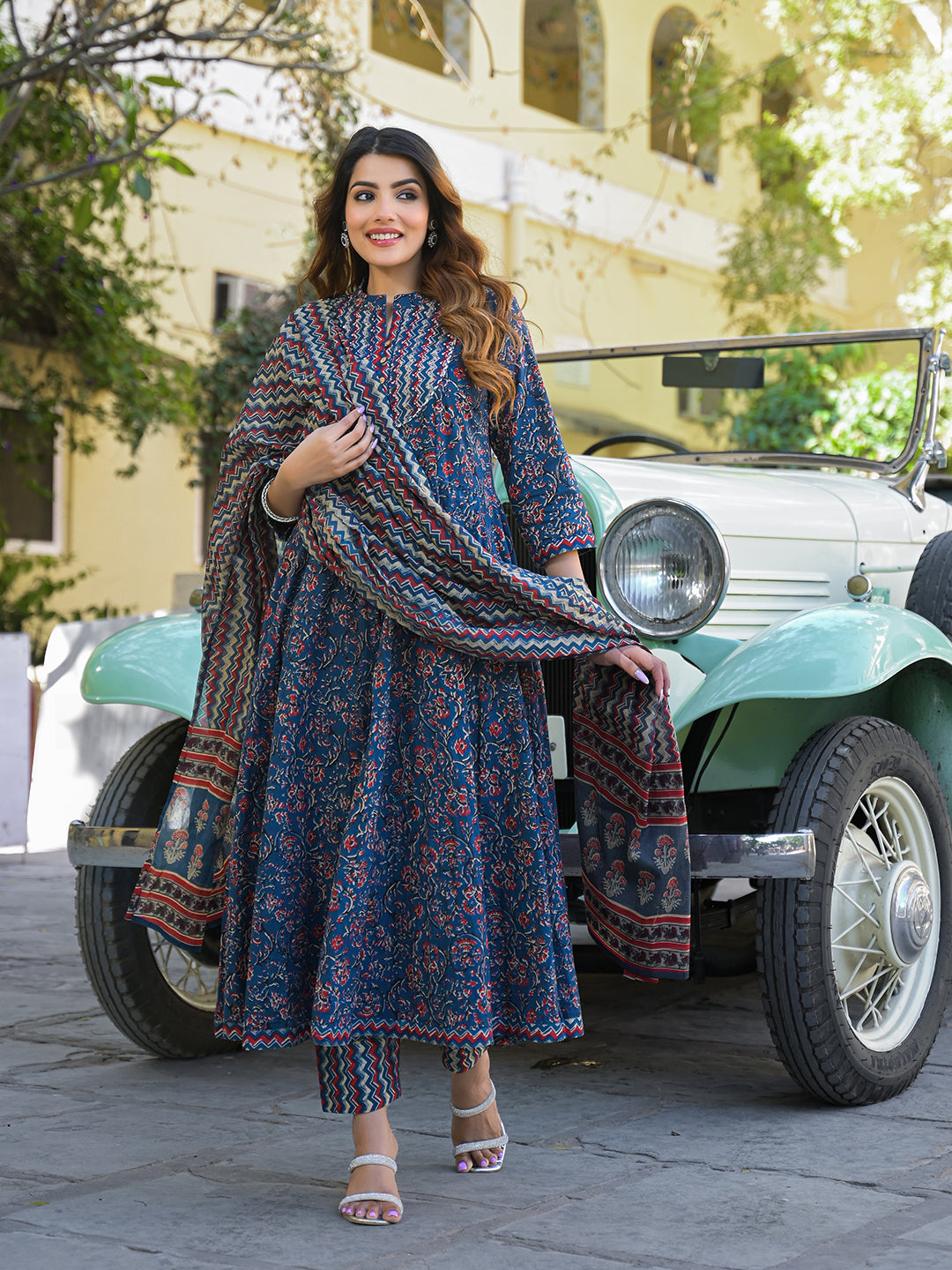 Multicolor-Cotton-Floral-Anarkali-Kurta-Set-With-Dupatta