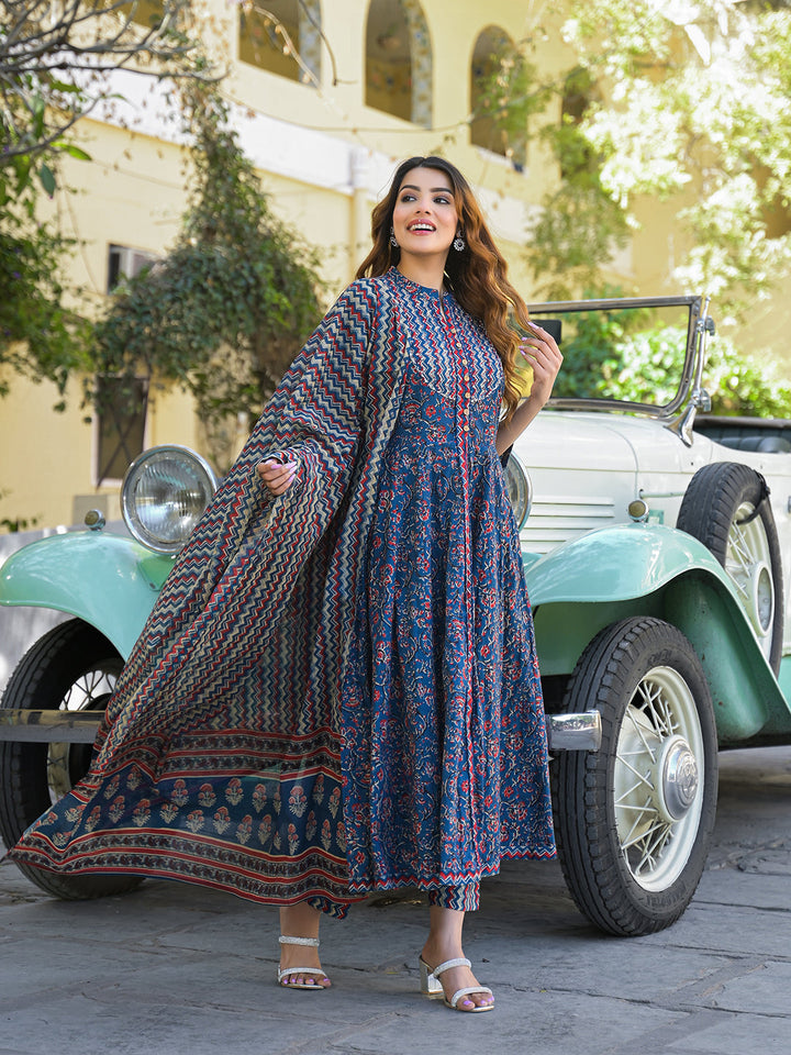 Multicolor-Cotton-Floral-Anarkali-Kurta-Set-With-Dupatta