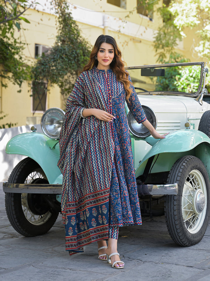 Multicolor-Cotton-Floral-Anarkali-Kurta-Set-With-Dupatta