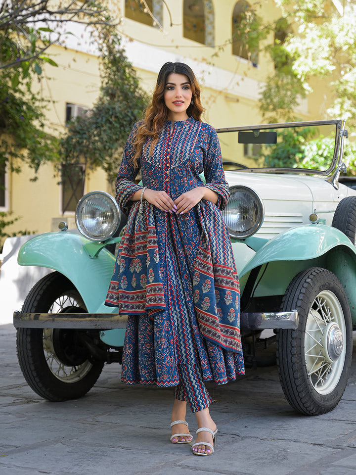 Multicolor-Cotton-Floral-Anarkali-Kurta-Set-With-Dupatta
