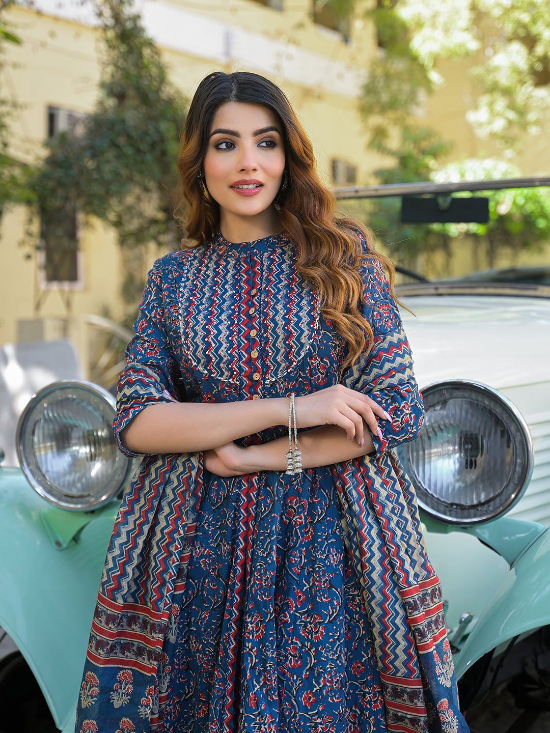 Multicolor-Cotton-Floral-Anarkali-Kurta-Set-With-Dupatta