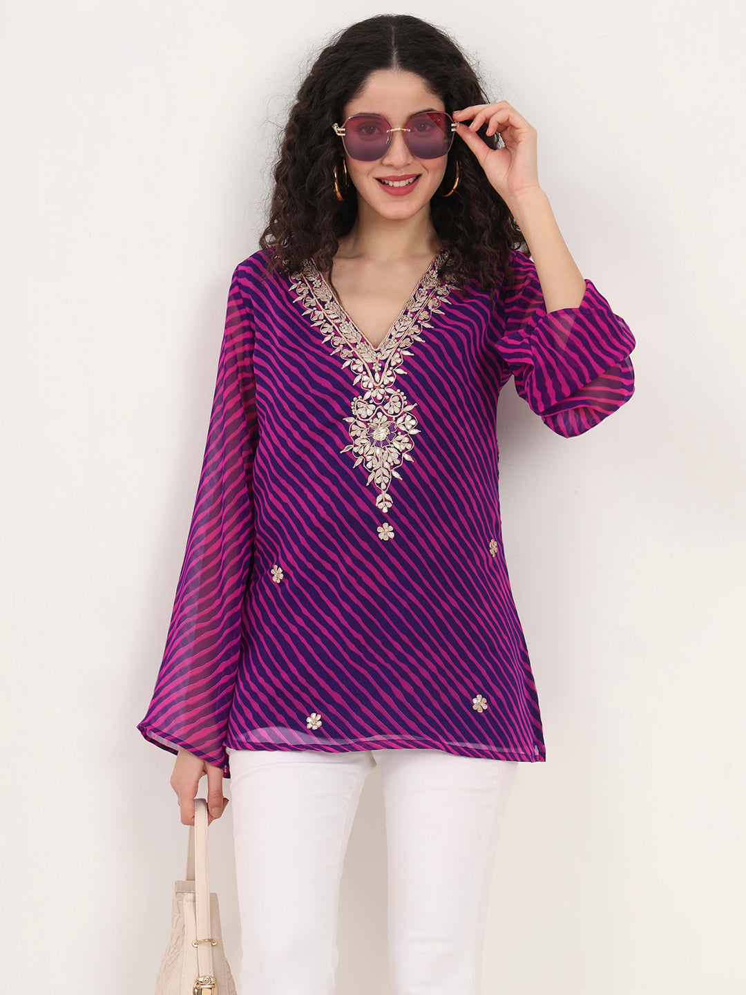 Purple-Leheriya-Gotta-Patti-Work-Geogratte-V-Neck-Tunic-ONLY