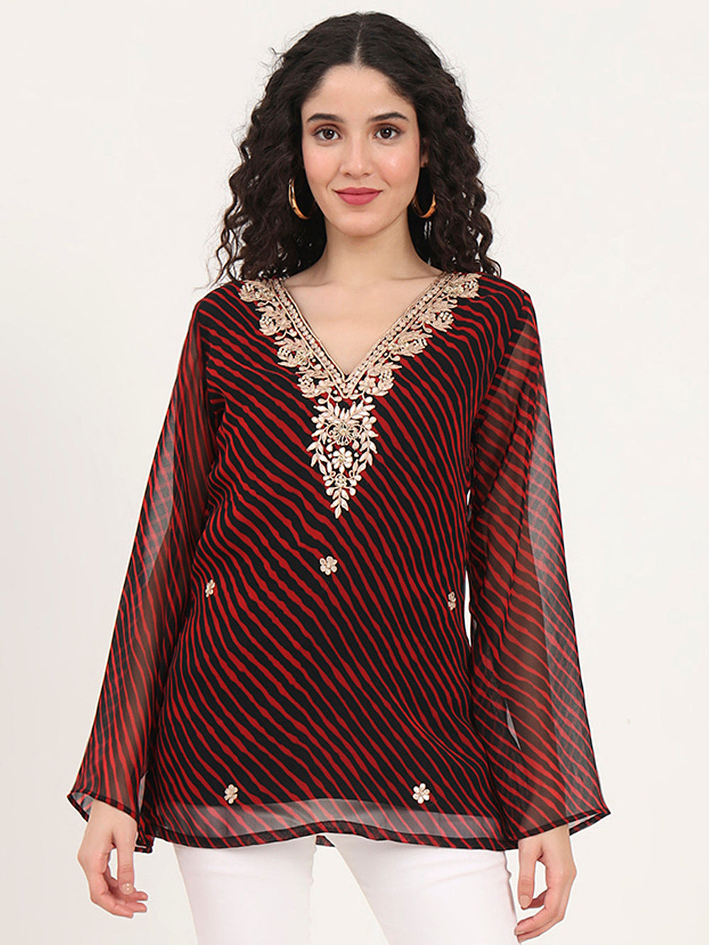 Red-&-Black-Leheriya-Gotta-Patti-Geogratte-V-Neck-Tunic-ONLY