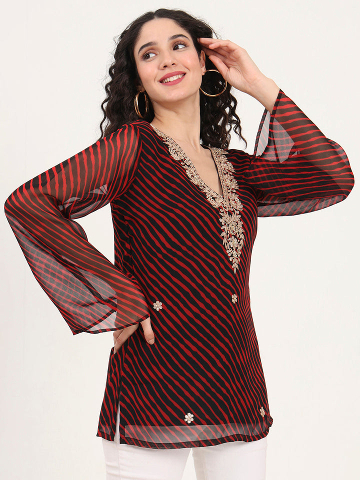Red-&-Black-Leheriya-Gotta-Patti-Geogratte-V-Neck-Tunic-ONLY