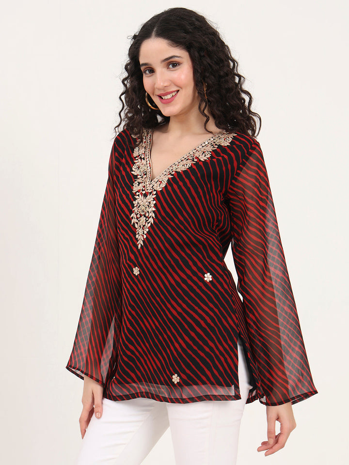 Red-&-Black-Leheriya-Gotta-Patti-Geogratte-V-Neck-Tunic-ONLY