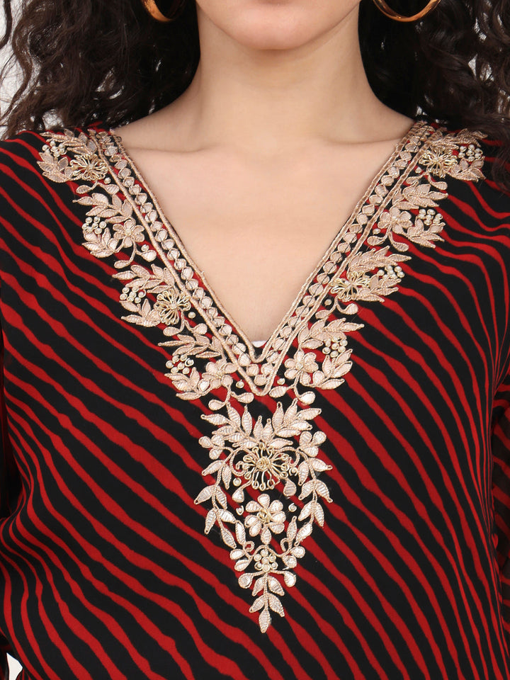 Red-&-Black-Leheriya-Gotta-Patti-Geogratte-V-Neck-Tunic-ONLY