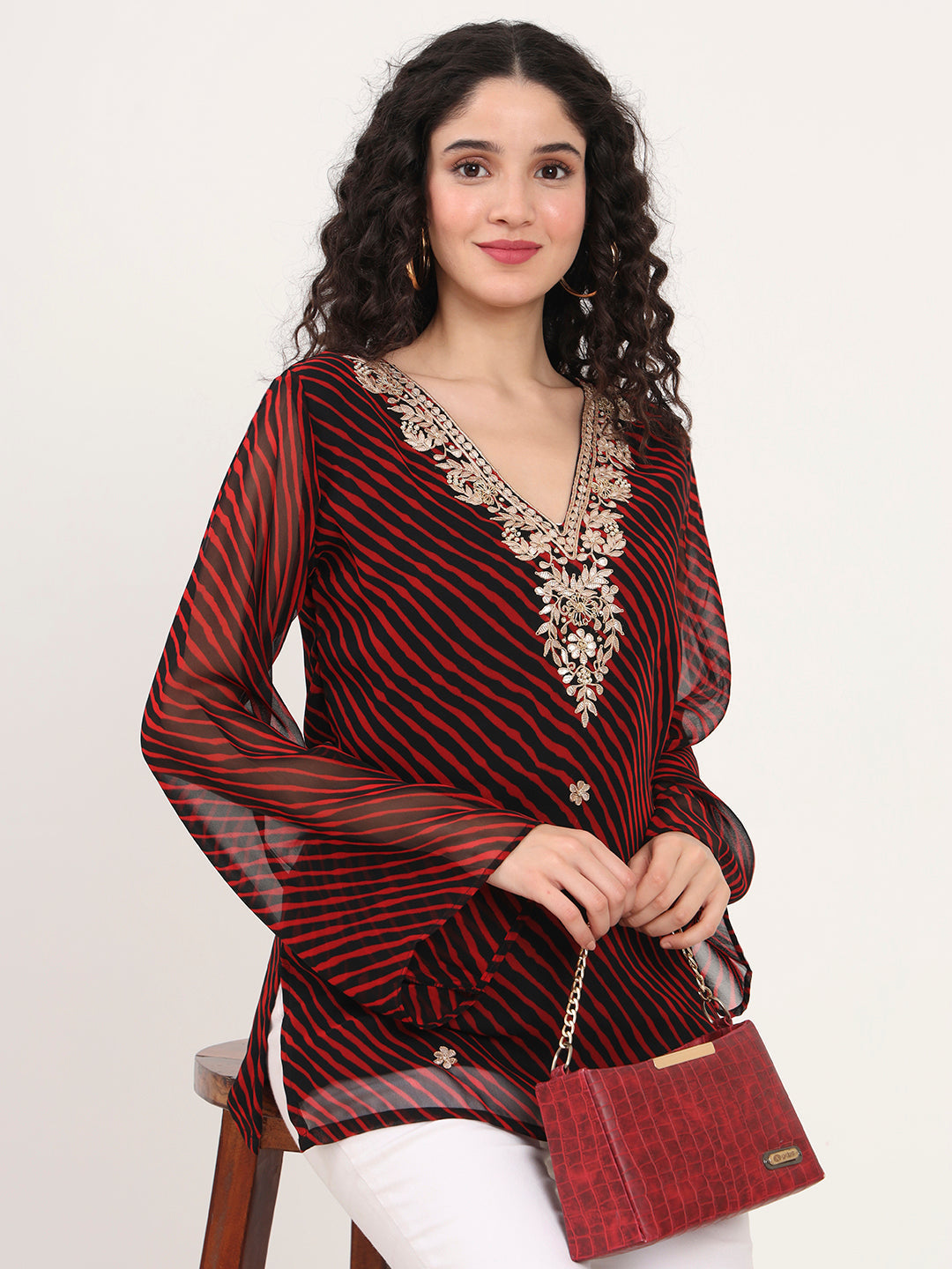 Red-&-Black-Leheriya-Gotta-Patti-Geogratte-V-Neck-Tunic-ONLY