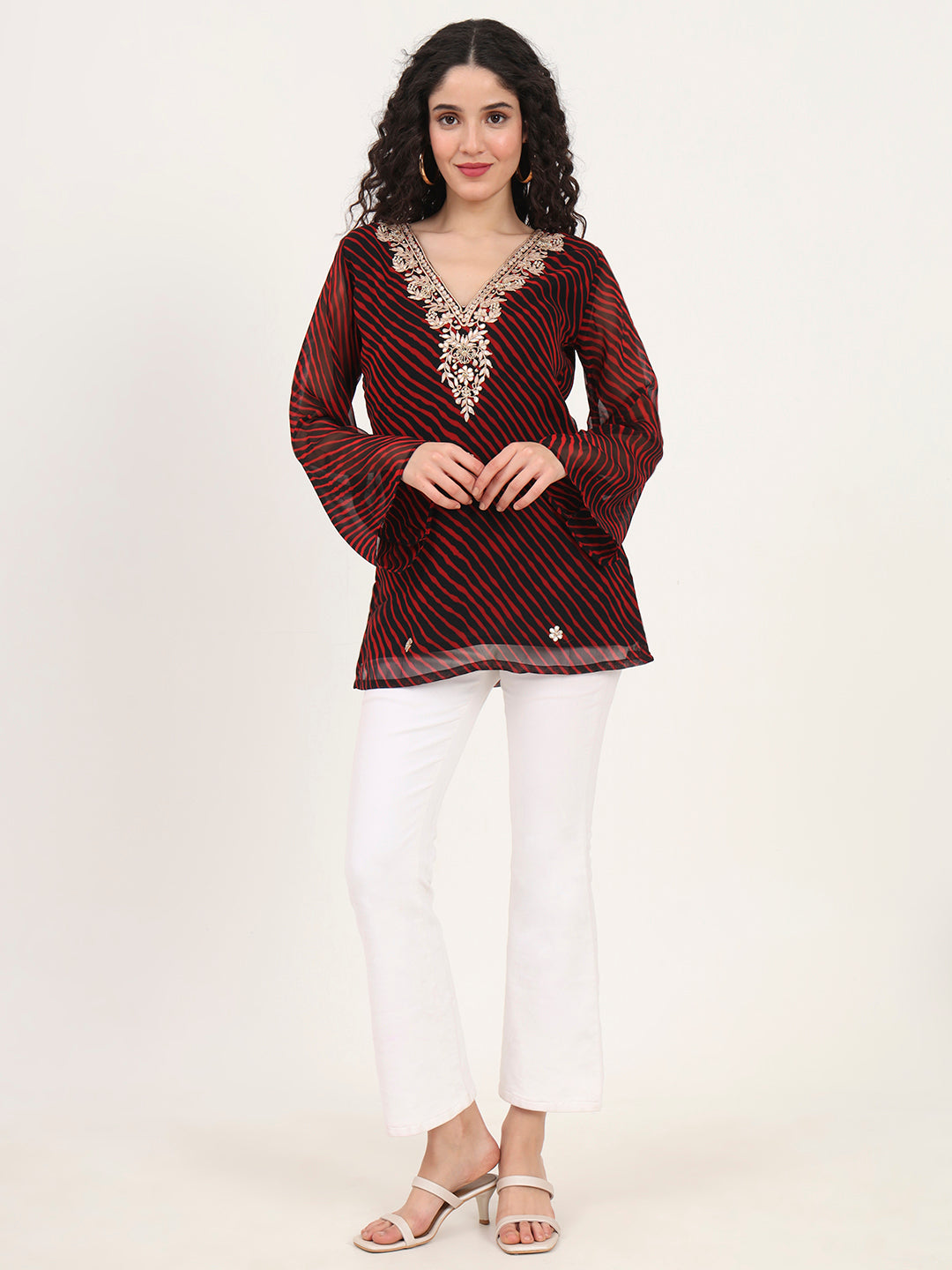 Red-&-Black-Leheriya-Gotta-Patti-Geogratte-V-Neck-Tunic-ONLY