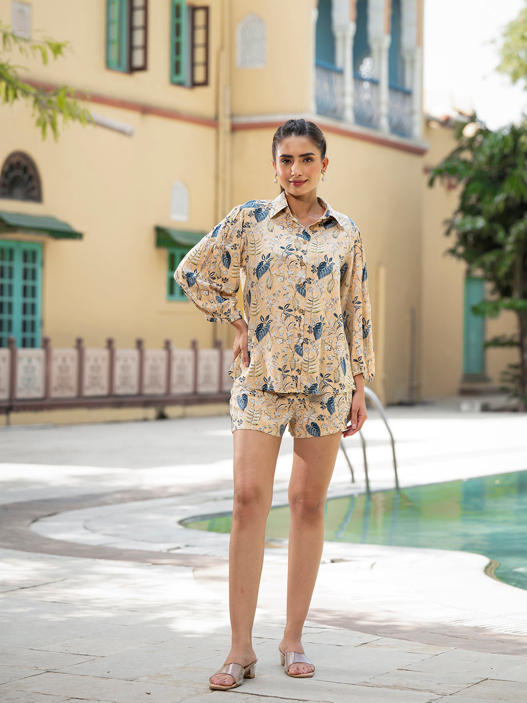 Yellow-Rayon-Floral-Print-3-Piece-Co-Ord-Set