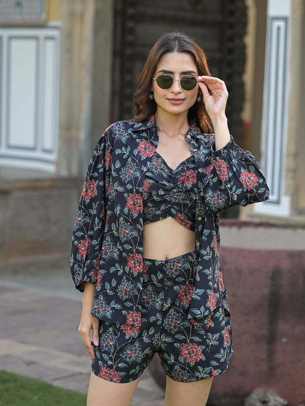 Dark-Blue-Rayon-Floral-Print-3-Piece-Co-Ord-Set