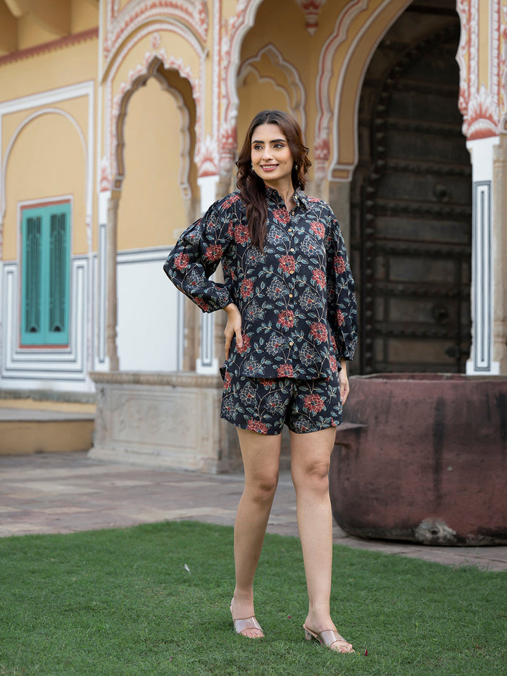 Dark-Blue-Rayon-Floral-Print-3-Piece-Co-Ord-Set