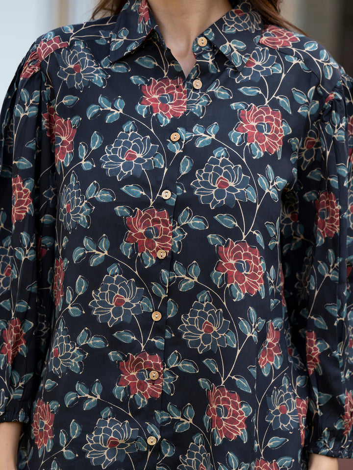 Dark-Blue-Rayon-Floral-Print-3-Piece-Co-Ord-Set
