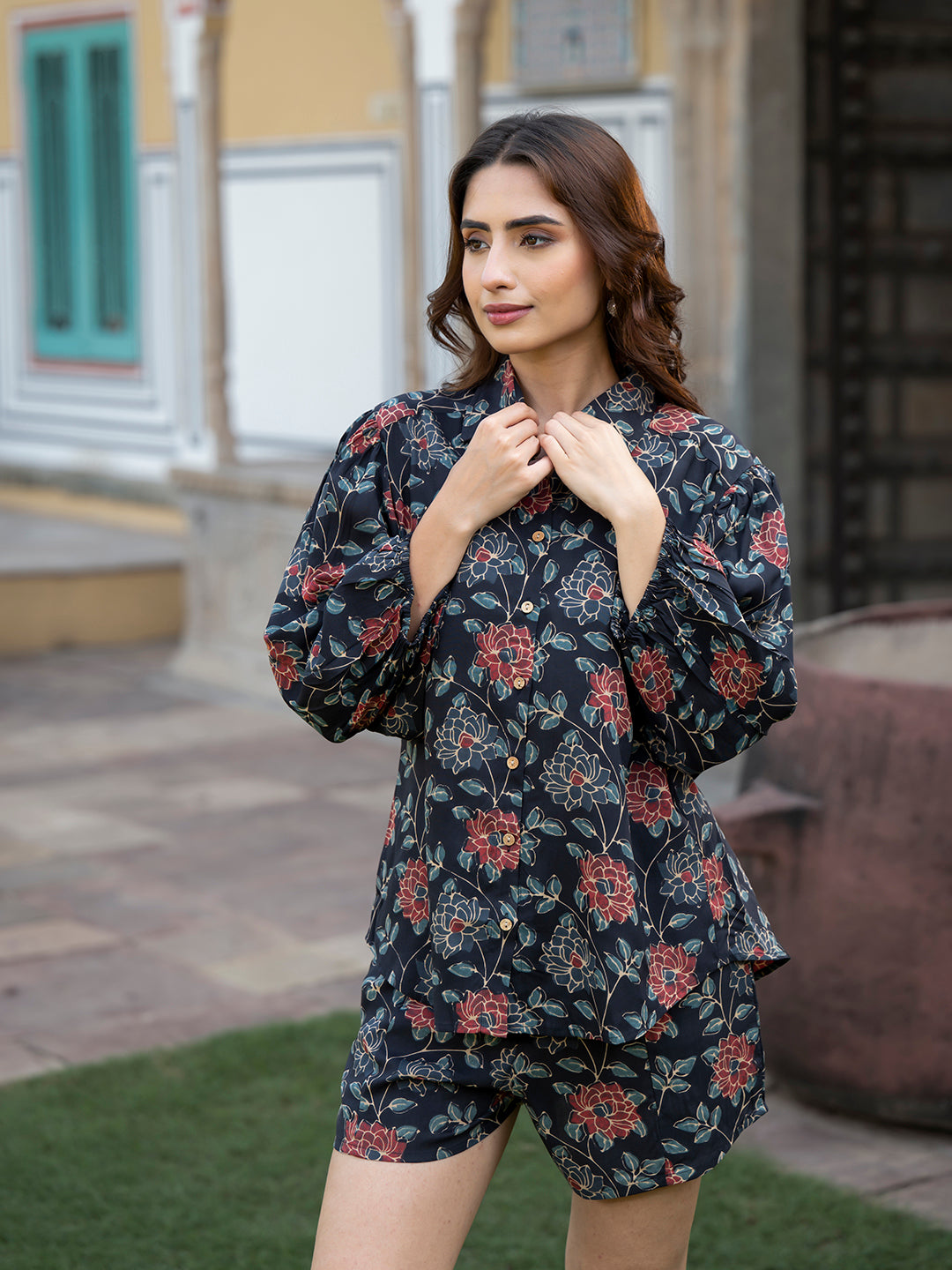 Dark-Blue-Rayon-Floral-Print-3-Piece-Co-Ord-Set