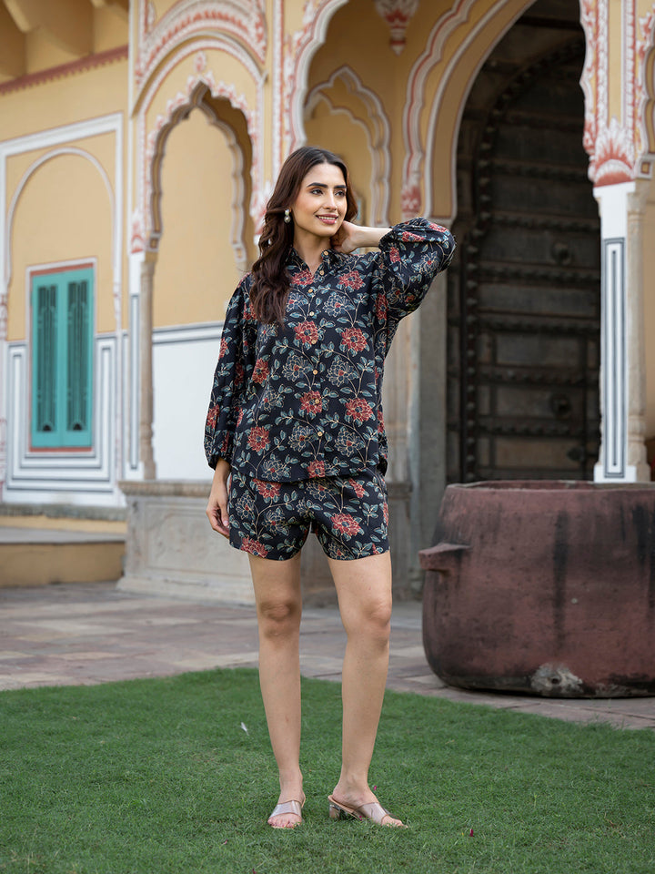 Dark-Blue-Rayon-Floral-Print-3-Piece-Co-Ord-Set