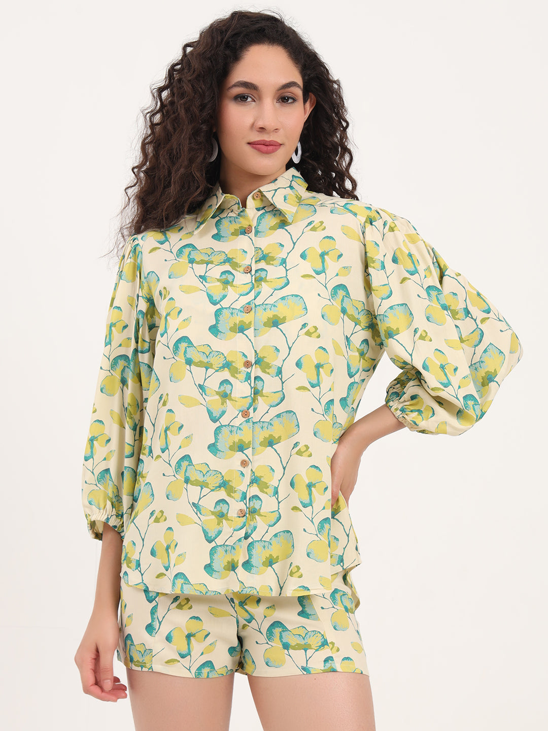 Green-Rayon-Hem-Shirt-Printed-Short-3-Piece-Co-Ord-Set