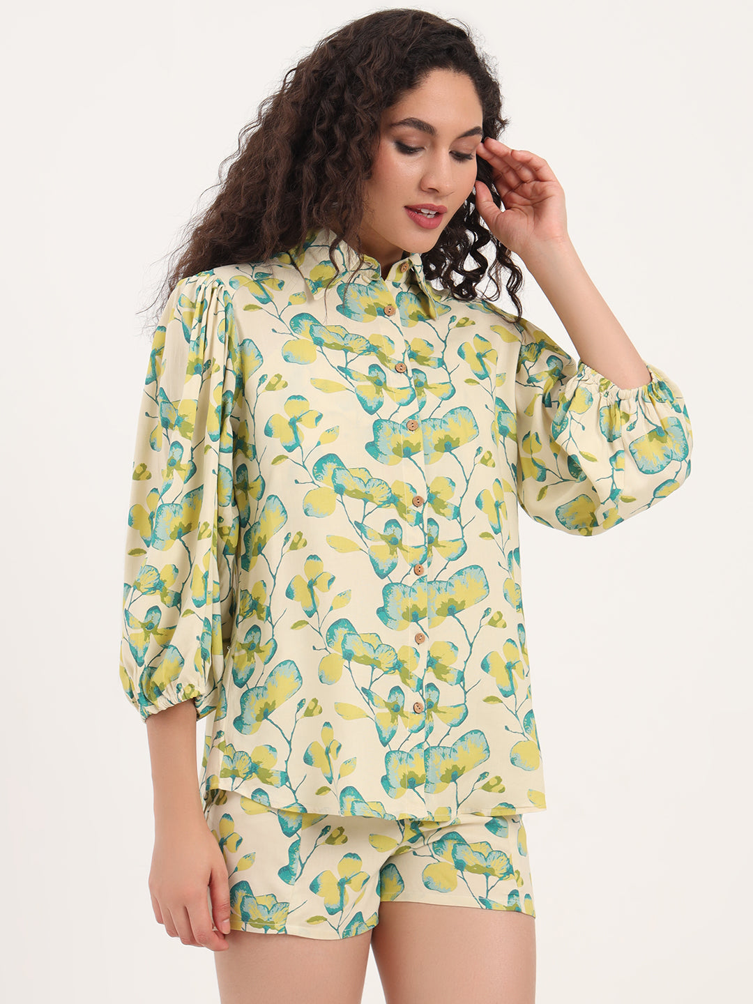 Green-Rayon-Hem-Shirt-Printed-Short-3-Piece-Co-Ord-Set