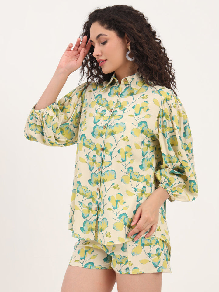 Green-Rayon-Hem-Shirt-Printed-Short-3-Piece-Co-Ord-Set