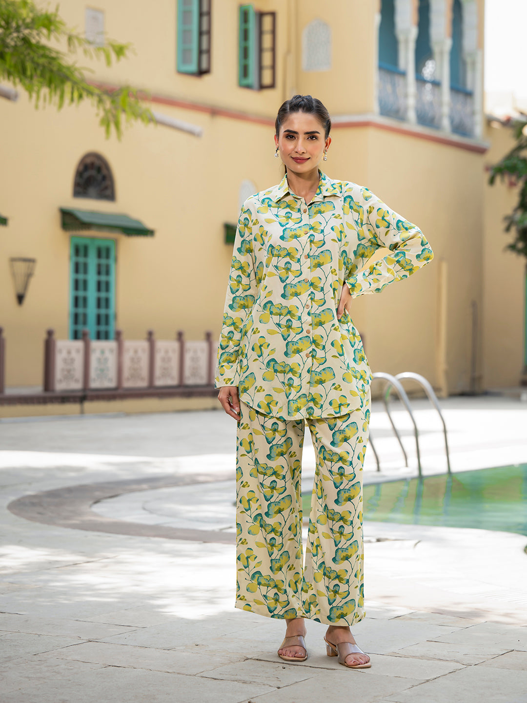 Green-Rayon-Floral-Printed-Shirt-Style-Co-Ord-Set