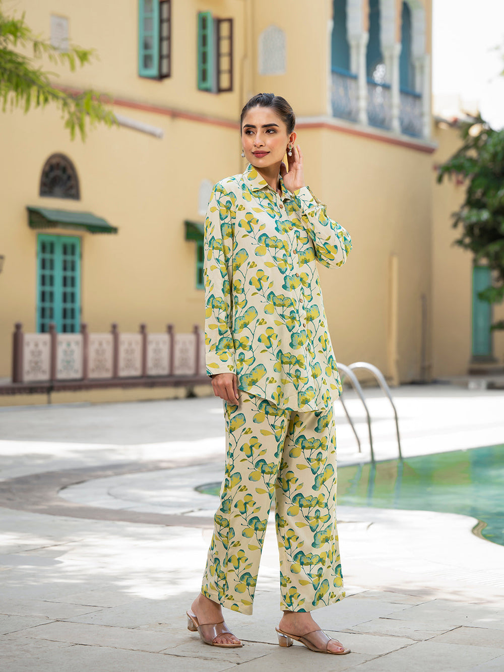 Green-Rayon-Floral-Printed-Shirt-Style-Co-Ord-Set