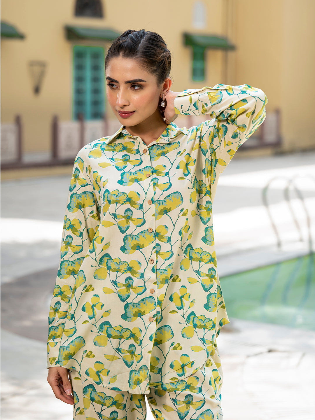 Green-Rayon-Floral-Printed-Shirt-Style-Co-Ord-Set