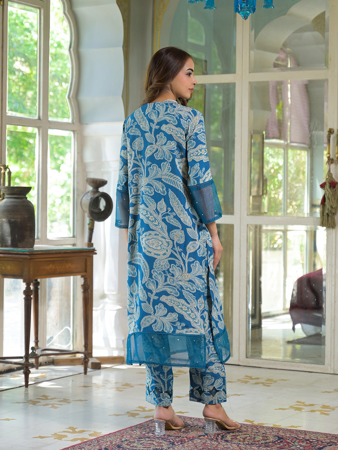 Turquoise-Blue-Rayon-Floral-Kurta-Pant-Set
