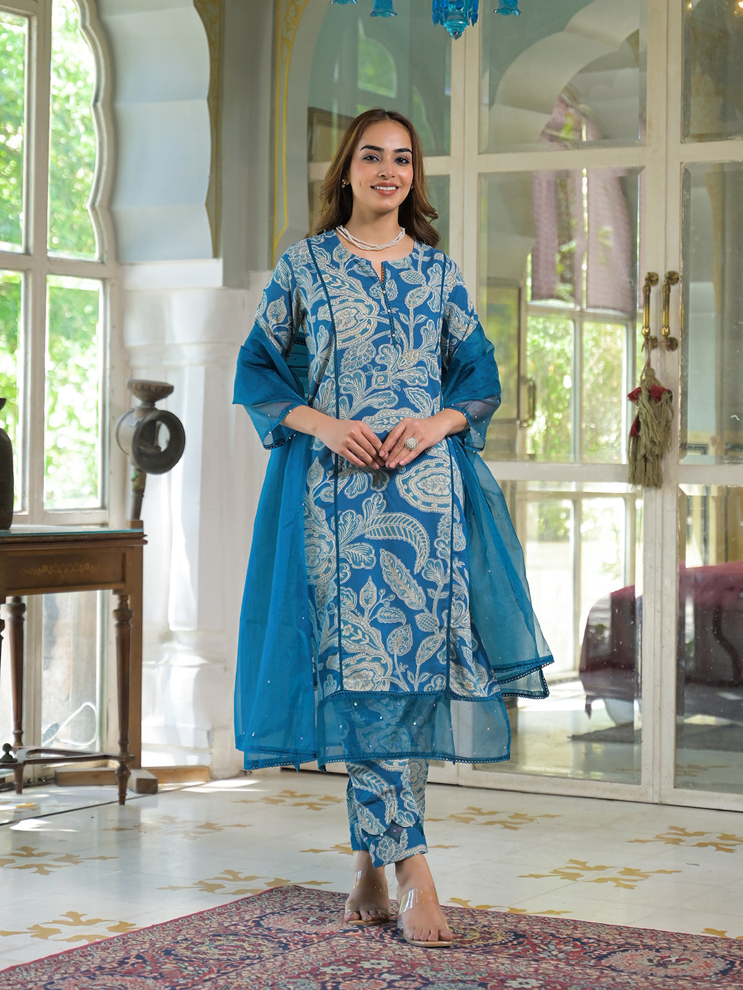 Turquoise-Blue-Rayon-Floral-Kurta-Pant-Set