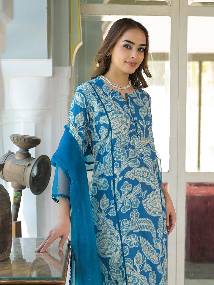 Turquoise-Blue-Rayon-Floral-Kurta-Pant-Set